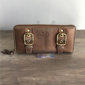 Coach Zoe Legacy Double Buckle Leather Zip Accordion Wallet Metallic Bronze Gold
